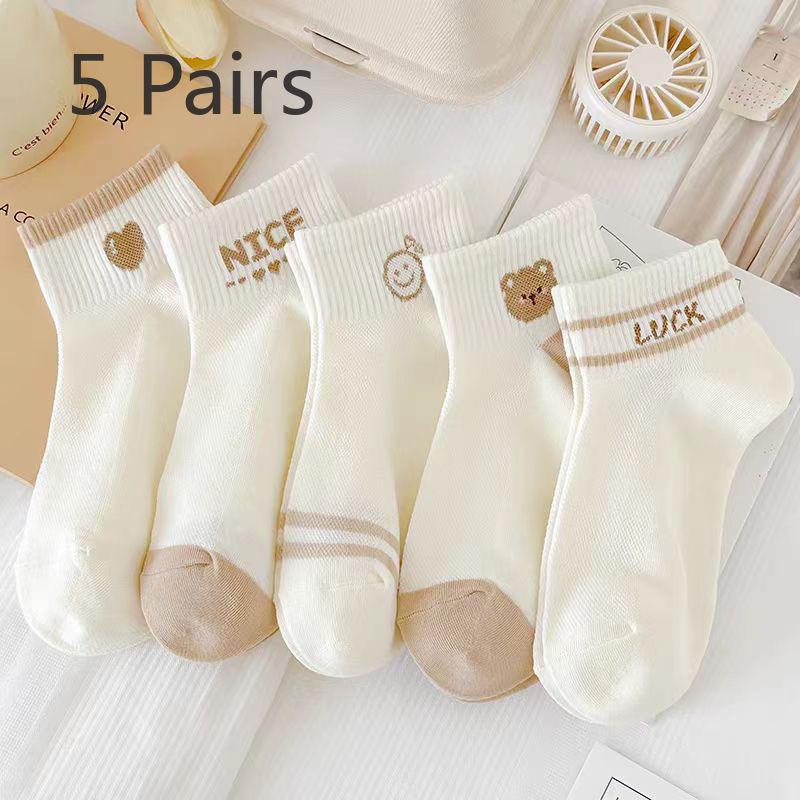 

5 пар женских тонких хлопковых носков на весну и лето, с милым медведем, с мелким вырезом, спортивные, сетчатые, дышащие, короткие 5 Pairs