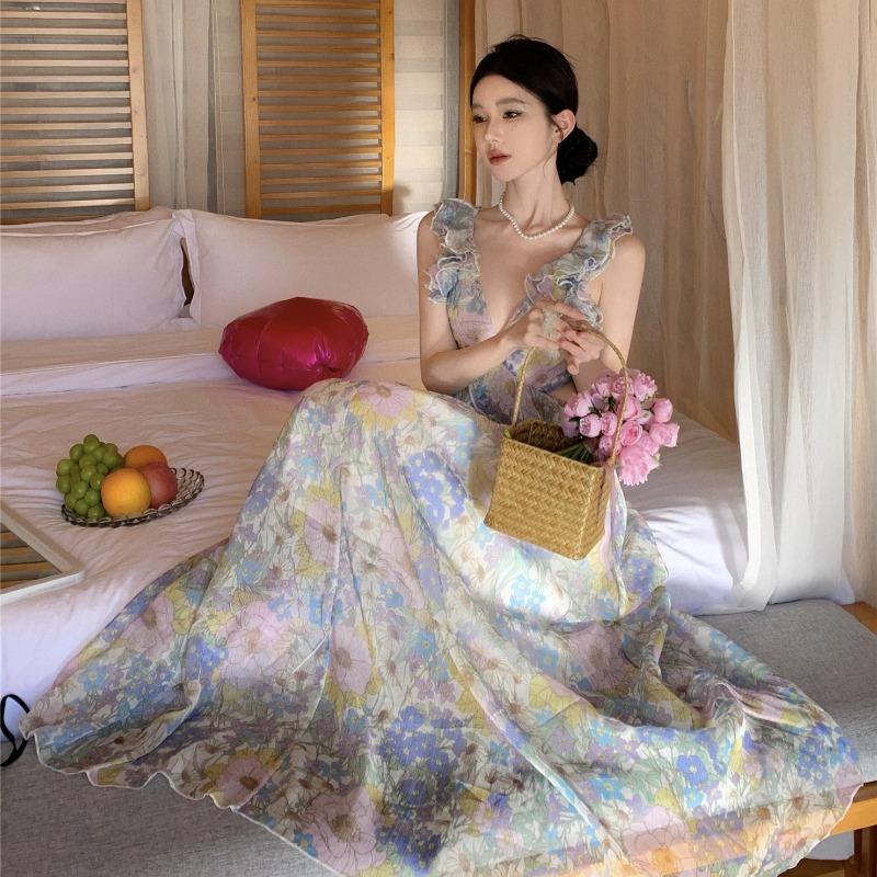 French Style Summer Sexy Backless Floral Dress with String,  Beach Holiday Dress