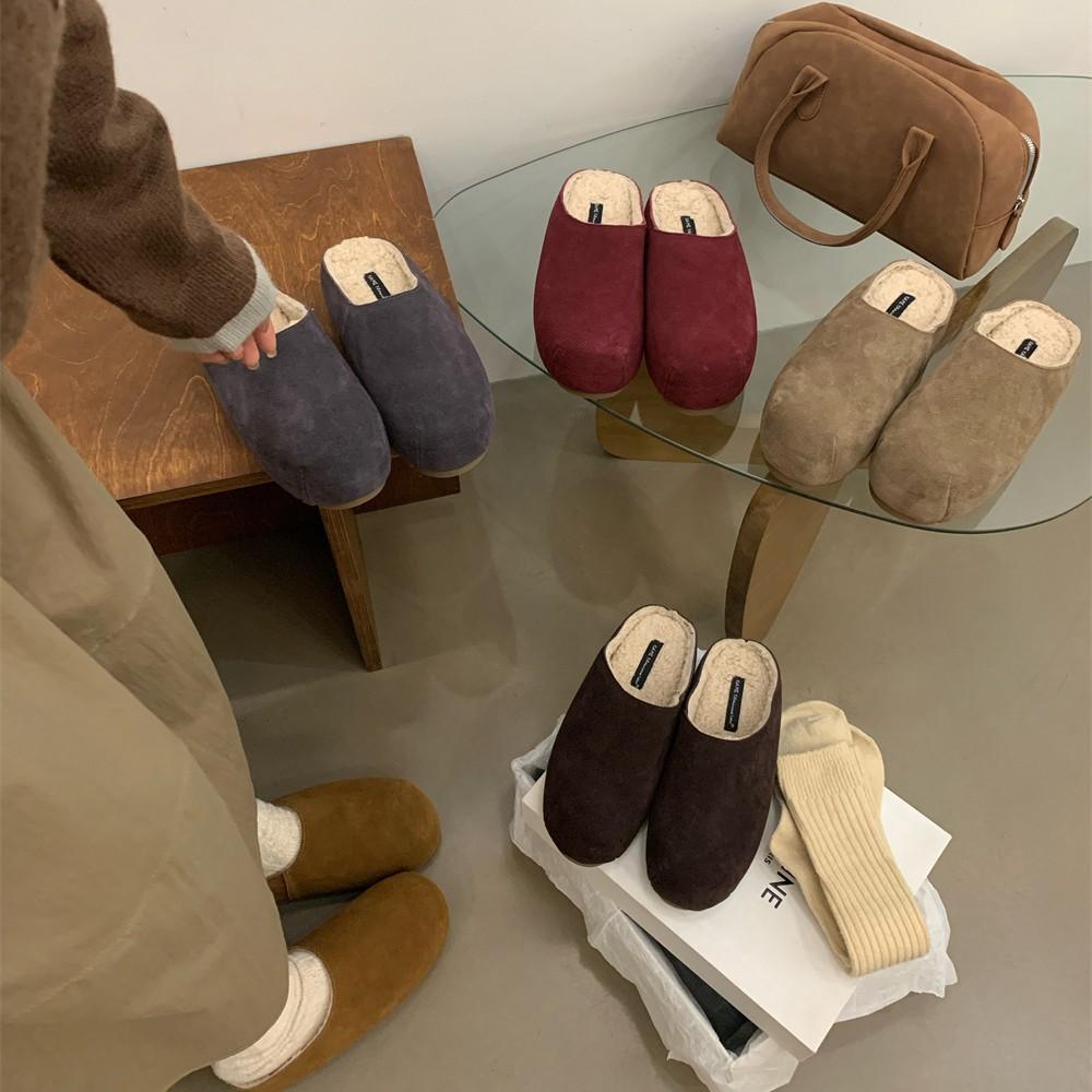 2025 Autumn and Winter New Round Head Leather Matte Casual Boken Velvet Warm Beans Pregnant Women Half Drag Single Shoes