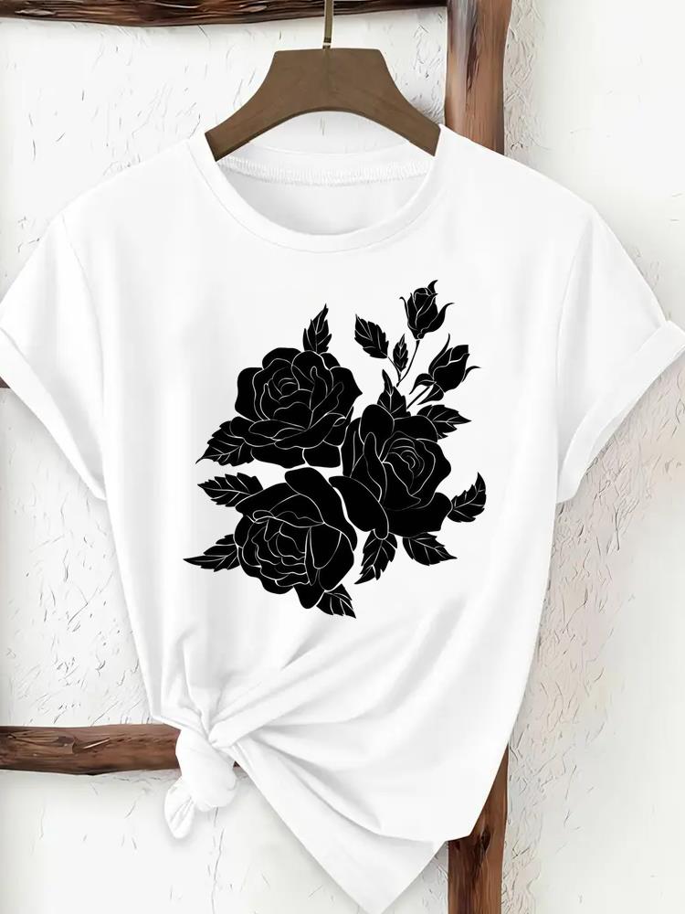

(Asian Size) sweet flower cute Women Fashion Tee Top Clothing T Shirt Woman Print Female Short Sleeve Graphic T-shirts S