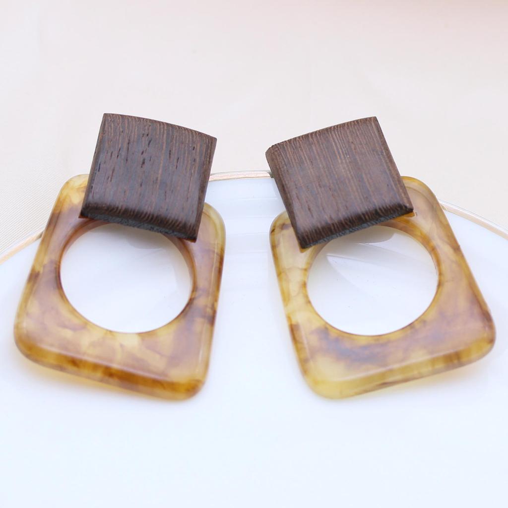 Retro Geometric Silver & Wood Dangle Earrings with Irregular Texture