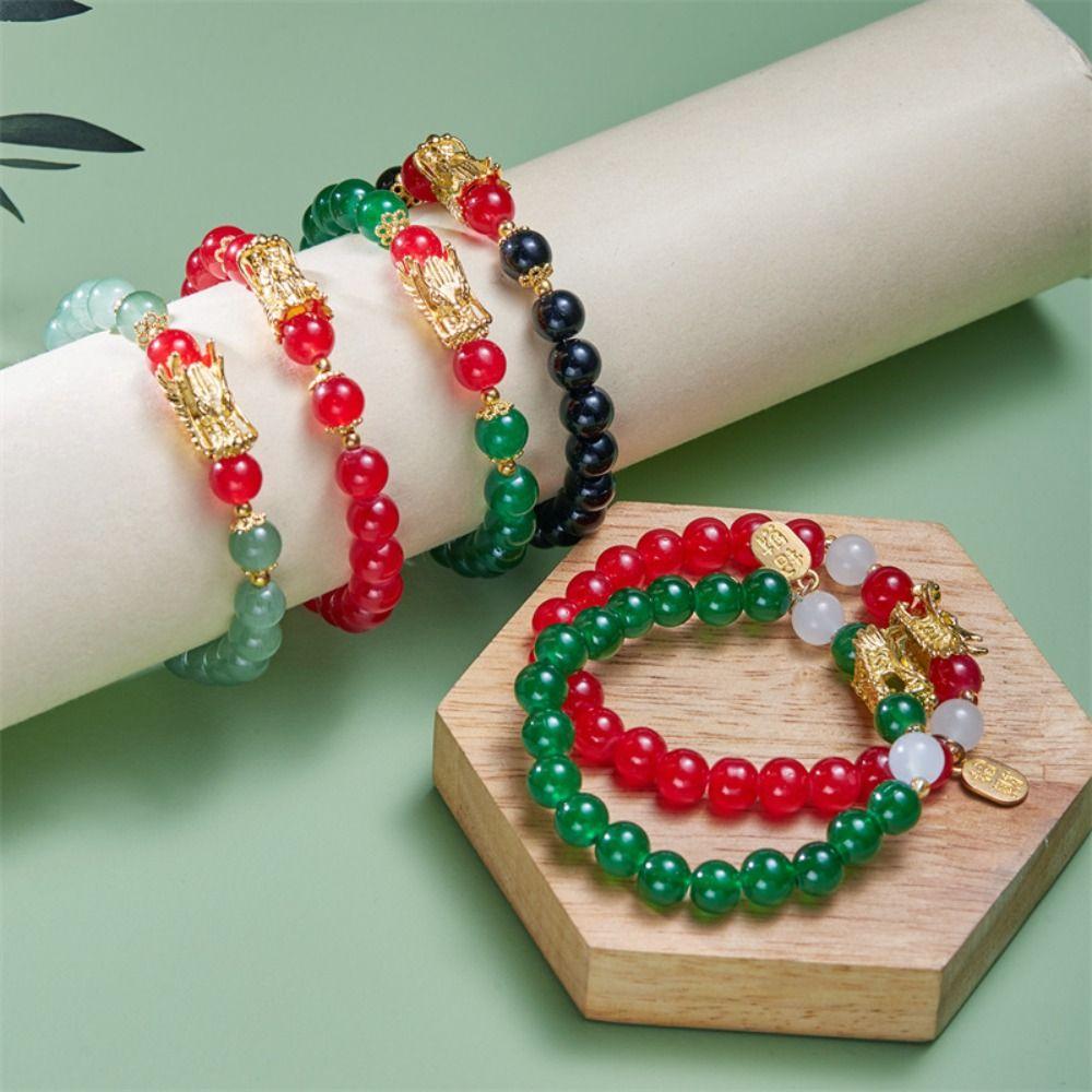 Lucky Beads Dragon Bangle Elastic Zodiac Hand Chain Aesthetic Loong Beaded Bracelet  Couple