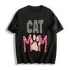 Cat Mom Graphic Tee Glitter Paw Print Heart Pattern Casual Top Pure Cotton T-shirt