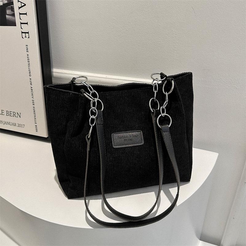 Striped velvet new large-capacity student commuting hand-held canvas tote versatile casual literary shoulder messenger bag чёрный