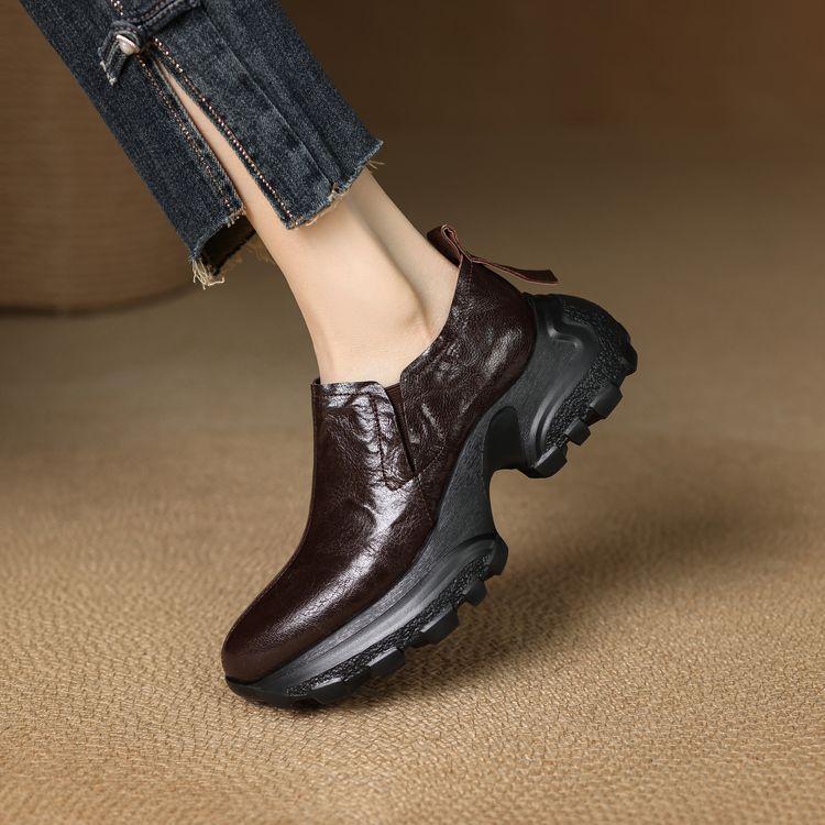 First Layer Sheepskin Muffin Thick-soled Loafers 2025 Spring New High-heeled Leather One-pedal Thick-heeled Deep-mouth Single Shoes