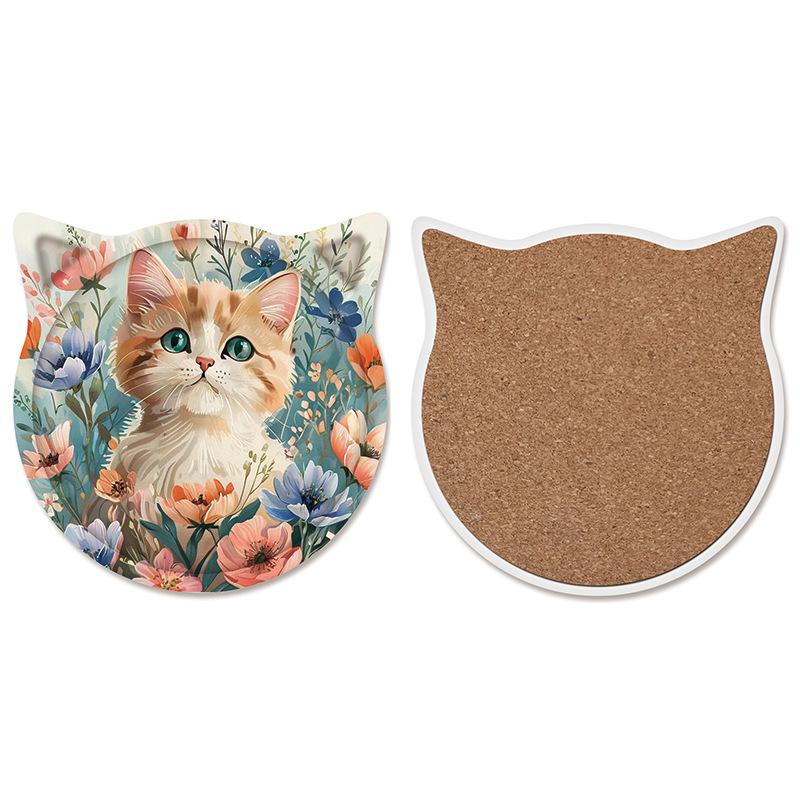 Cat Ceramic Coasters Cork Bottom Coffee Coaster Non-Slip Durable Heat Insulation Mats Home and Decoration Kitchen Utensils