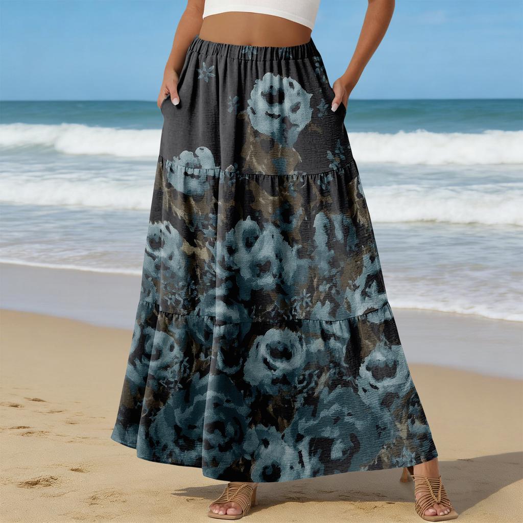 Women's Casual High Waist Drawstring A-line Skirt Color Skirt With Pockets