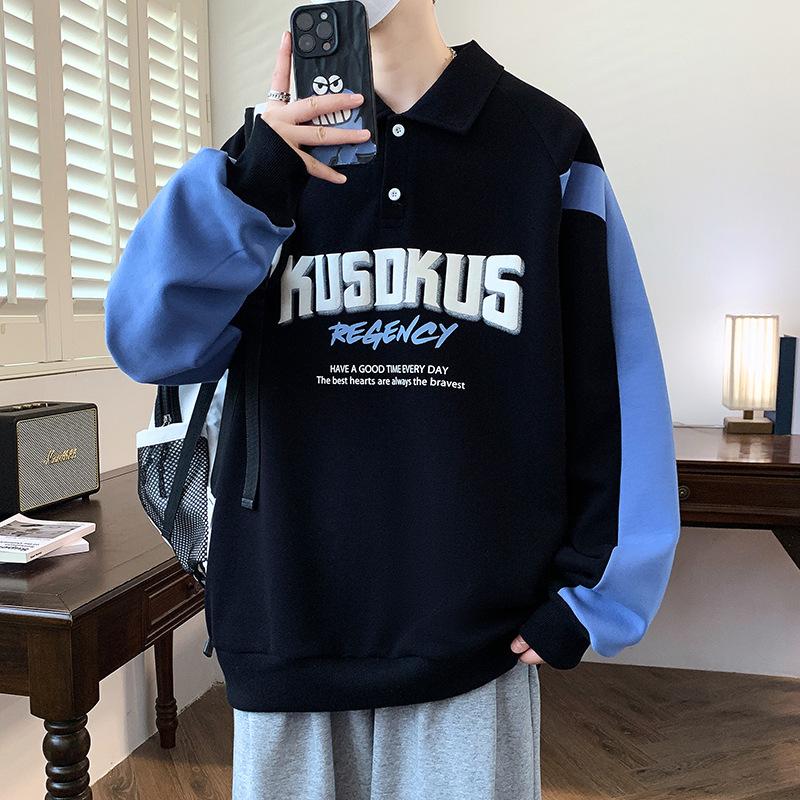 

Осень Новая рубашка ПОЛО с длинным рукавом для мальчика, свободный топ с красивой вставкой XXXL чёрный