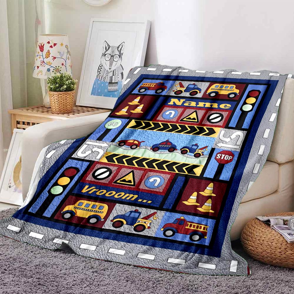 Custom Name Cute Cars Theme Printed Blanket - Perfect for Couch, Bed, Travel & Outdoor Use | Machine Washable, Cozy & Durable.