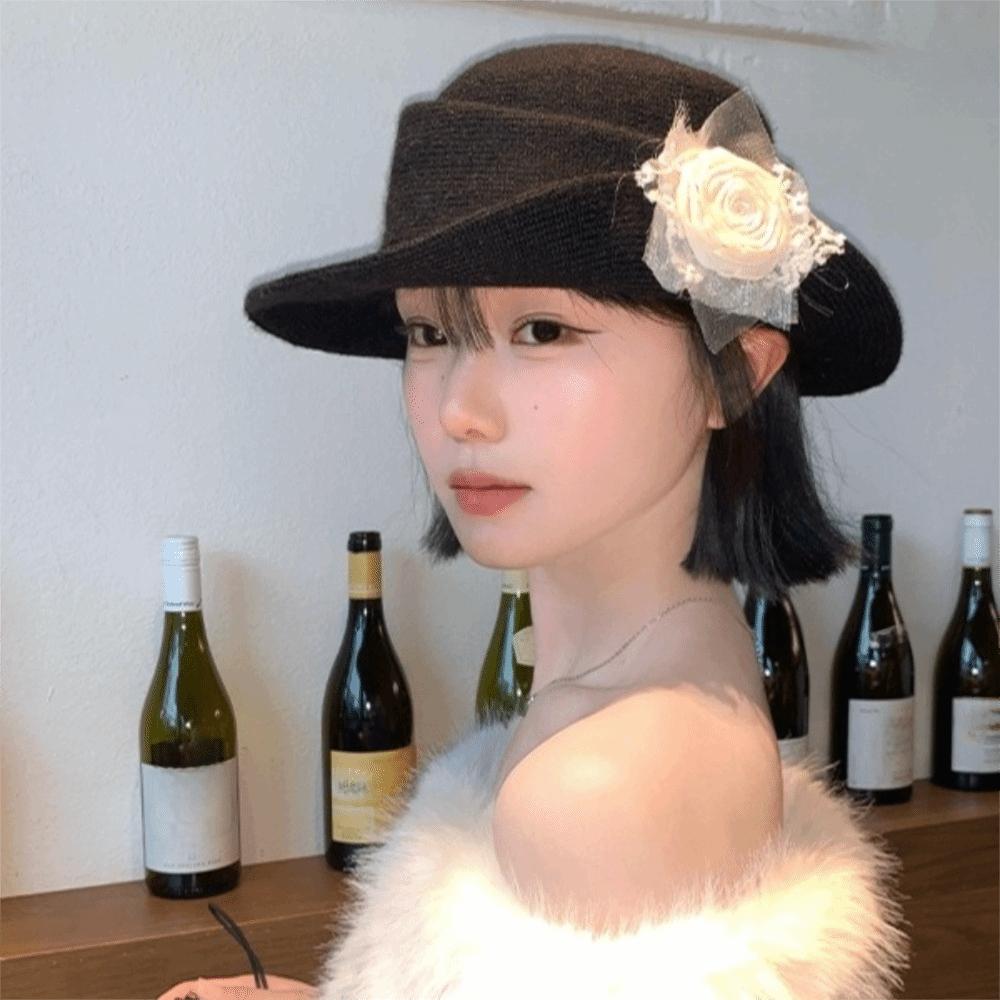 Lace Black Knitted Hat French Style Women Fisherman Hat Retro Hepburn Style Topper Hat Funeral
