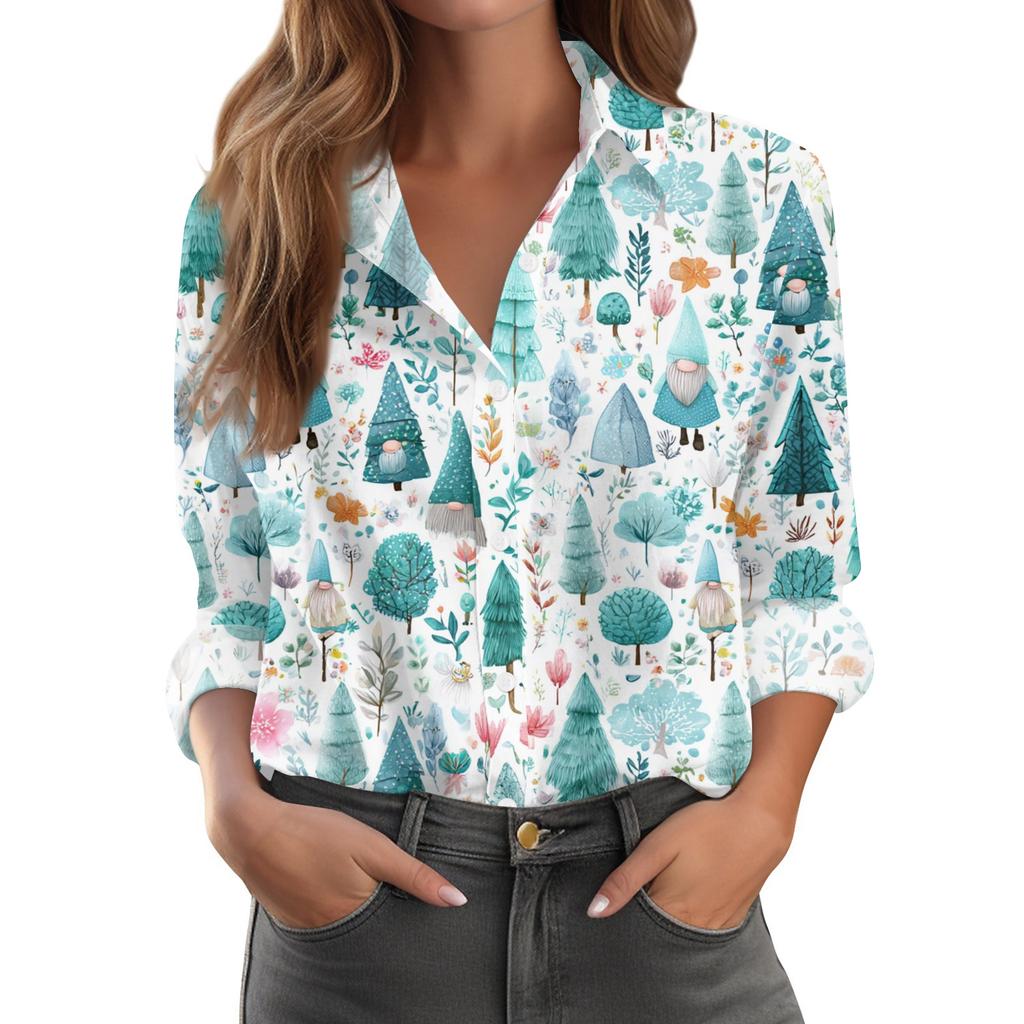Women's Christmas Print Casual Half-Open Collar Long Sleeve Shirt