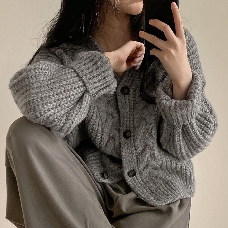 Herbst Casual V-Ausschnitt Puffärmel Locker Gestrickte Strickjacken Damenmode Winterpullover Jacke für Damen Elegant Einfarbig Slim Fit Damenstrickjacke 25729