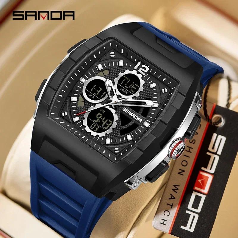 SANDA SD3391 Men Quartz Watch Chronograph Digital Watch Dual Display Outdoor Military Sport LED Luminous Clock