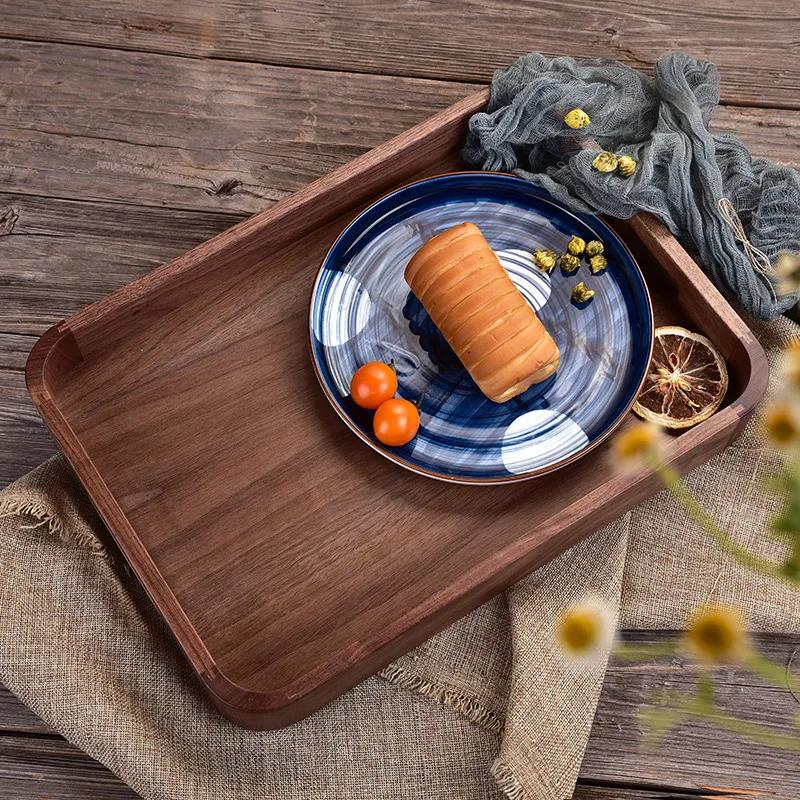 HeMu-Black Walnut Mortise and Tenon, Rounded Corner Tray, Square Handheld Solid Wood Tray, Hotel Home Fruit Tray, High Quality