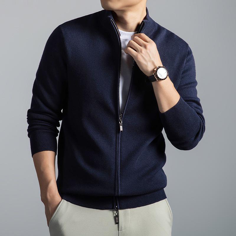 Men's 48-Count Double-Strand Wool Silk 16-Gauge Zipper Sweater Coat, Warm Thickened Knit Cardigan for Autumn/Winter