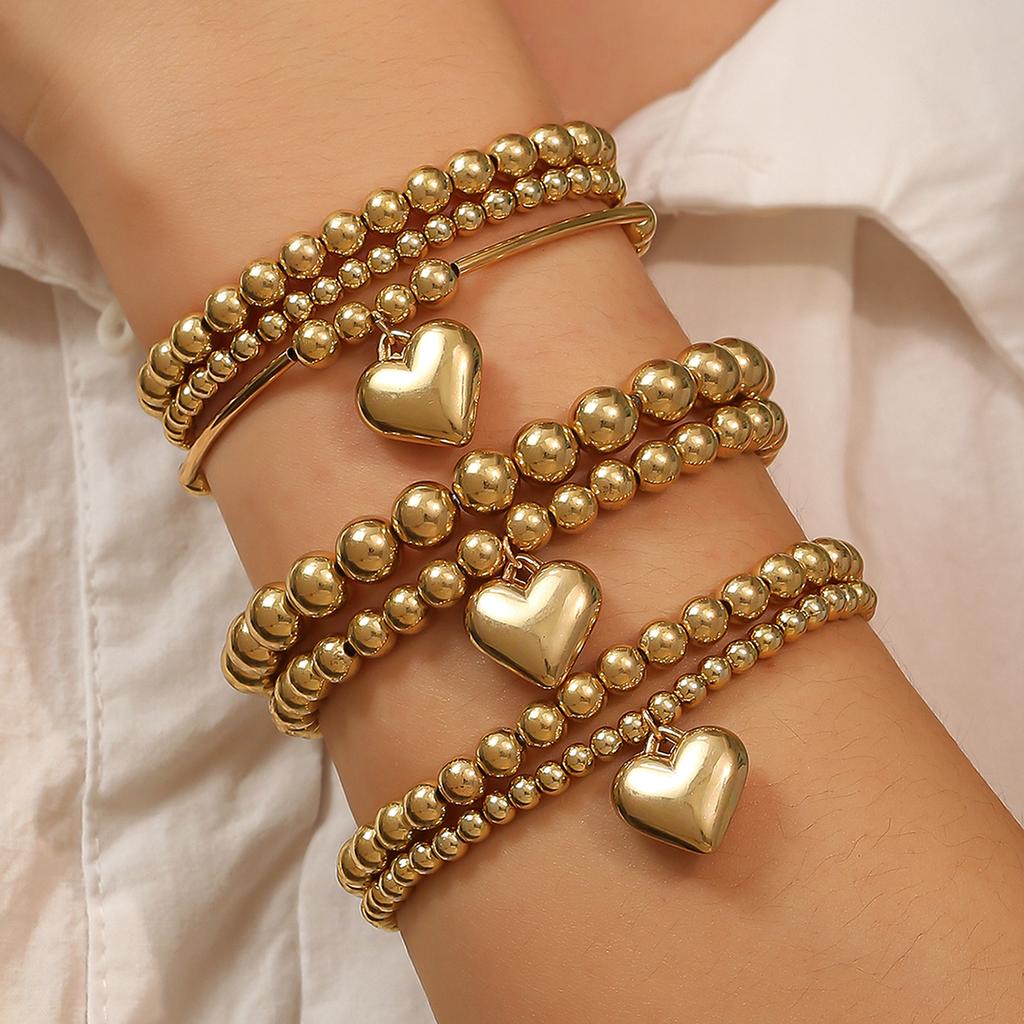 Vintage Multi-layer Layered CCB Bead Bracelet Set Fashion Heart-shaped Pendant Women's Elegant Daily Party Vacation Zircon Gift