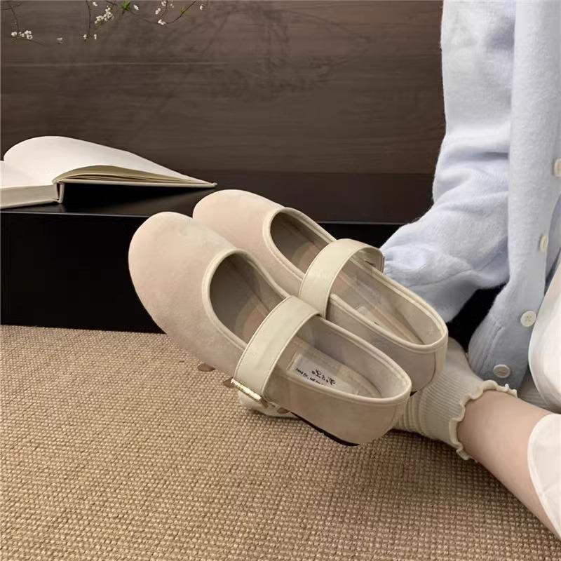 2025 Spring New Suede Red Light Mouth Single Shoes Female Retro Gentle Fairy Style Casual Soft Flat Bottom with Skirt