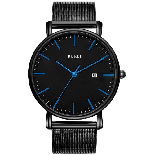 

BUREI Men s Analog Quartz Watch with Date Display, Waterproof, Popular, Simple, Stylish, Commuter Watch with Milanese Mesh Strap (Black-Black-Blue, Bl
