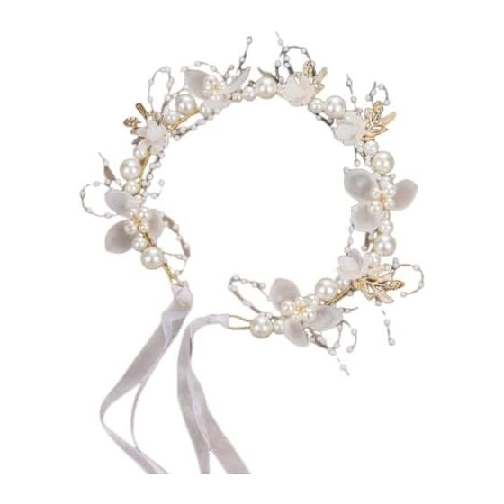 YFFSFDC Flower Hairband with Pearls and Ribbons, Bridal Wedding Hair Accessories for Ceremonies, Photoshoots, Girls - Adjustable, Flexible,