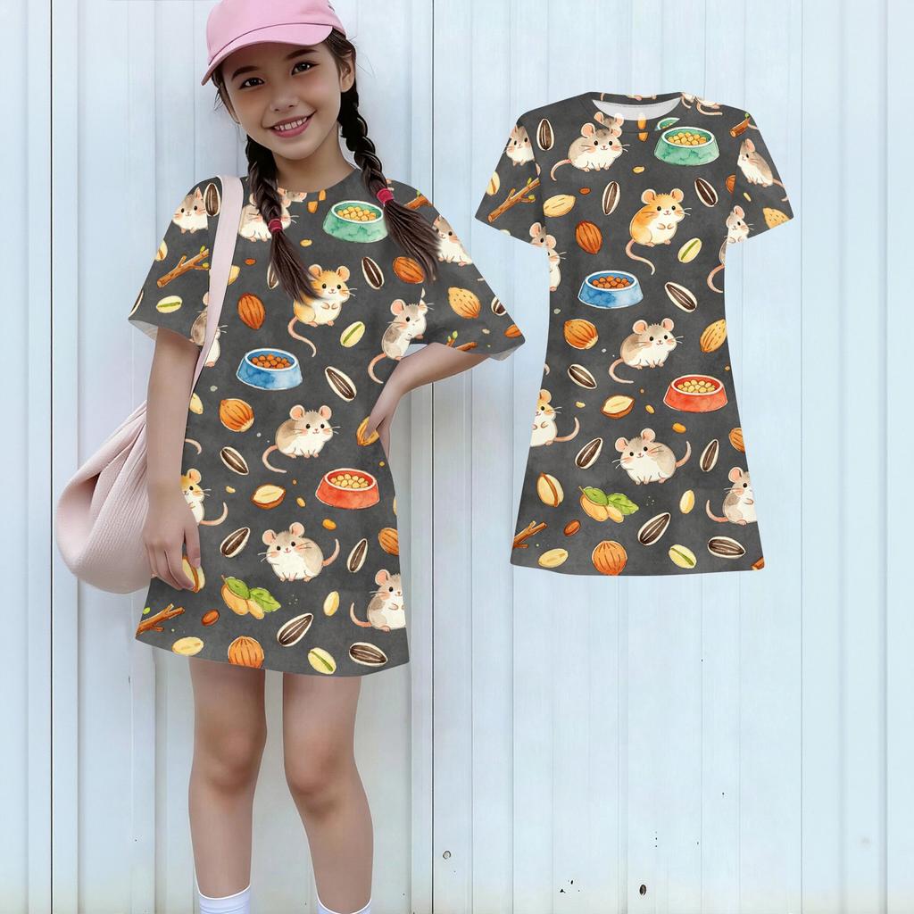 Girls Loose Fit Short Sleeve Dress Kids Animal Print Casual Round Neck Lightweight Summer Dress for Children