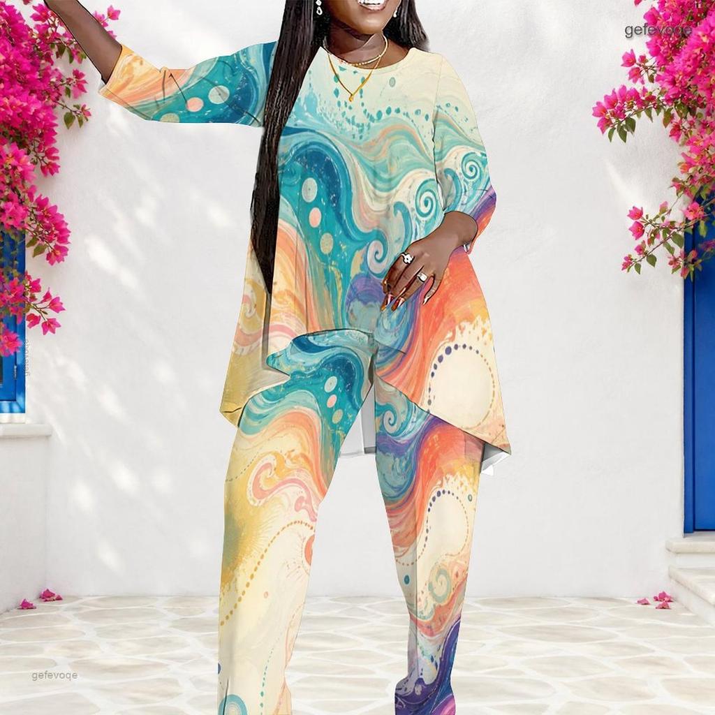 Women Plus Size Round Neck Long Sleeve Printed Layered Top Long Pants Two Piece Set