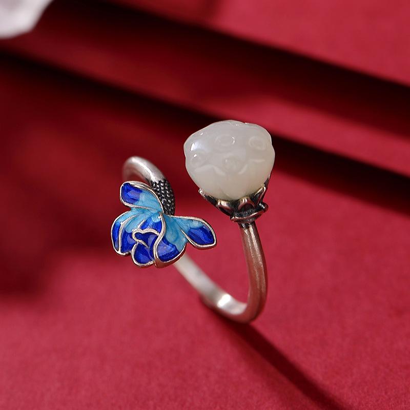 Women's Retro Silver Cloisonné Enamel Open Ring with Blue-Fired Lotus