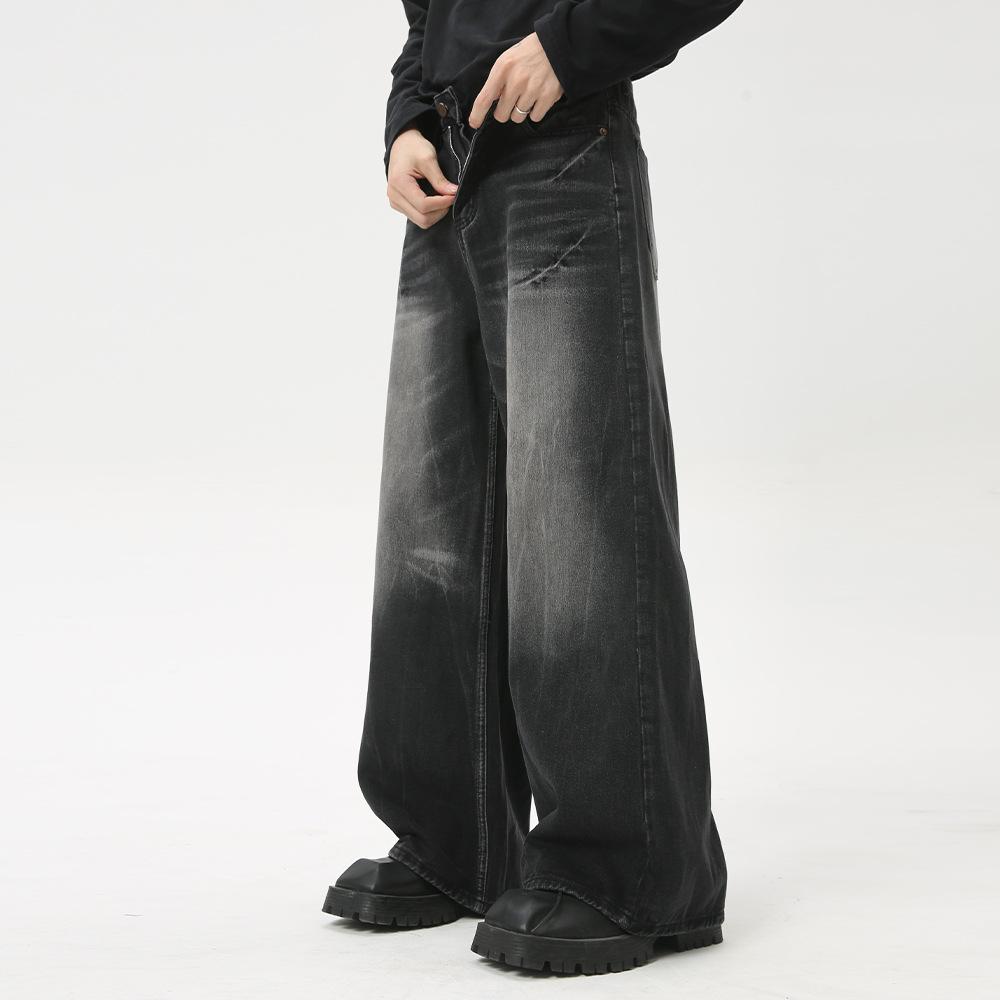 | American high street retro cat whisker washed straight loose commuter black and gray jeans