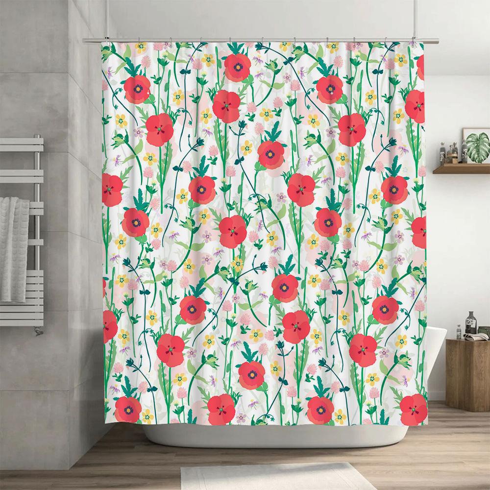 Delightful Floral Shower Curtain Red Poppy Yellow Bloom Pattern Bath Decor Waterproof Fabric with Hook Rings for Home Bathroom