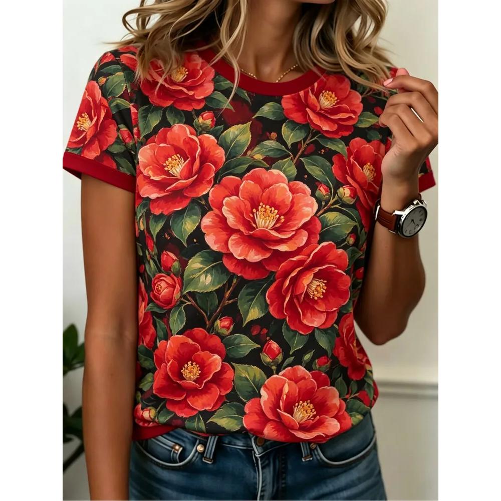 Fashion Loose Flower Print Women's Top Casual Short Sleeve Versatile Comfortable T-Shirts Women’s