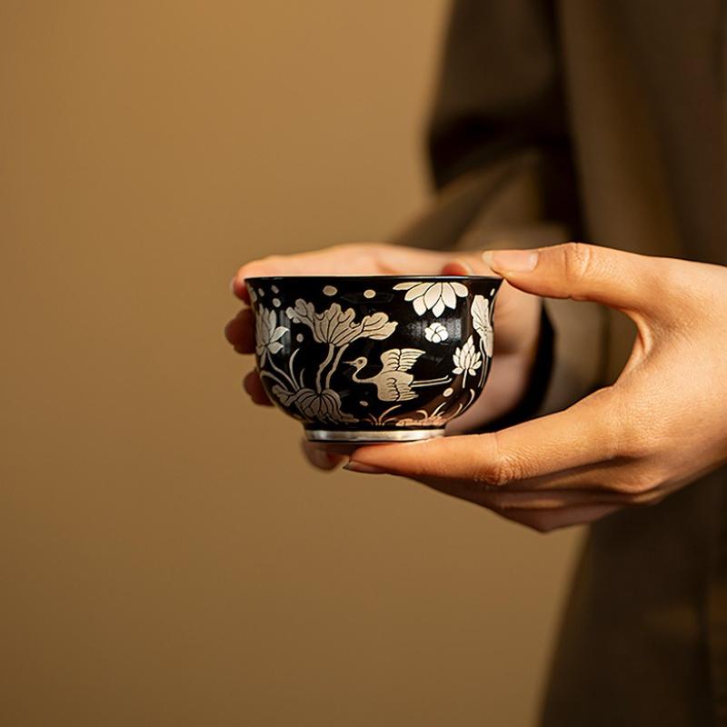 Black Glazed Silver Patterned Teacup Creative Tea Bowl Cute Cup Tea-tasting Smelling Cup Chazhan Master Cups Drinkware