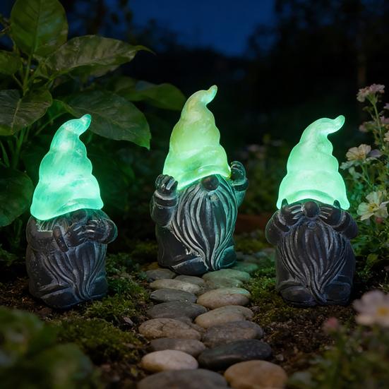3 Pcs Gnome Garden Stakes, Resin Miniature Hear See Speak No Evil Gnome Figurine for Fairy Garden, Flower Pot, Balcony, Yard, Outdoor Lawn Decor