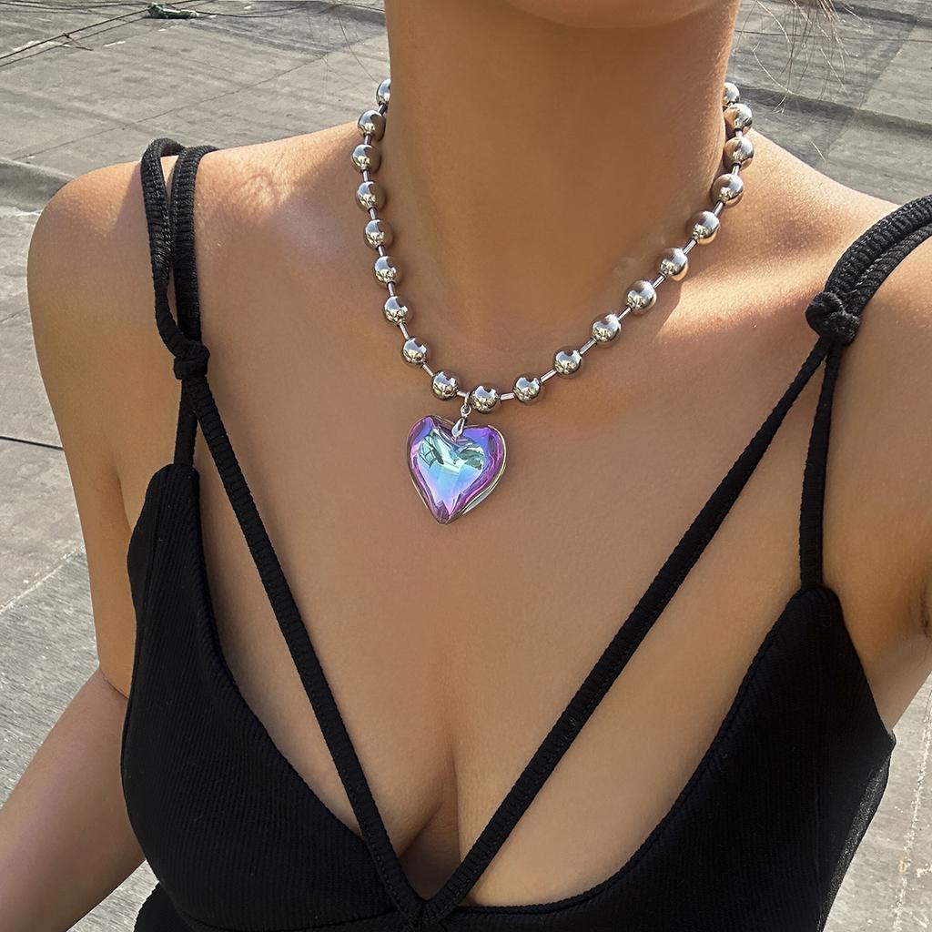 3 Colors Goth Big Love Heart Pendant Necklace for Women Trendy Punk Round Beads Chain Grunge Y2K Jewelry Accessories Steampunk