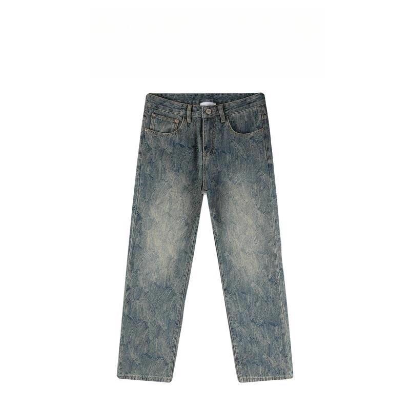 American Retro Jacquard Jeans Men s Autumn and Winter Loose Straight Individual Pattern Casual Trousers Fashion Streetwear-inspired Denim Pants 28 синий