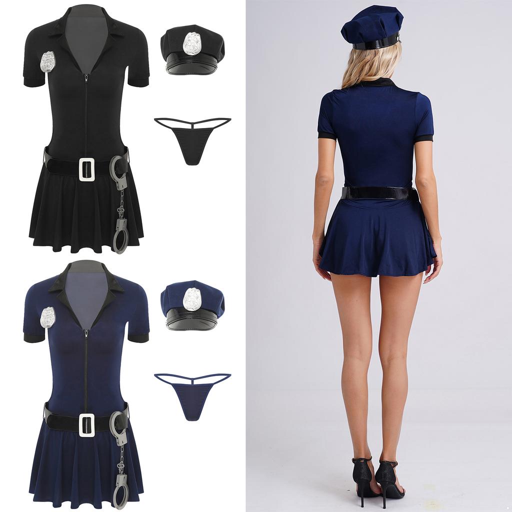 Womens Adult Sexy Police Officer Uniform Cosplay Costume 5-Piece Set Bodycon Role Play Party Outfits