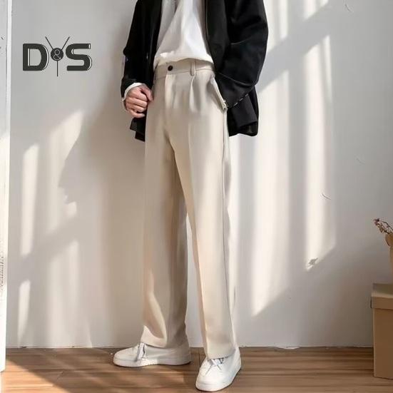 Men Suit Pants Wide Leg Loose Straight Elastic Waistband Formal Business Style Side Pockets Button Zipper Closure Solid Color Office Trousers