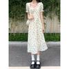 Floral Dress Summer Retro V-neck Pull Pleated Bubble Sleeves Super Fairy High Waist Temperament Long Dress Women