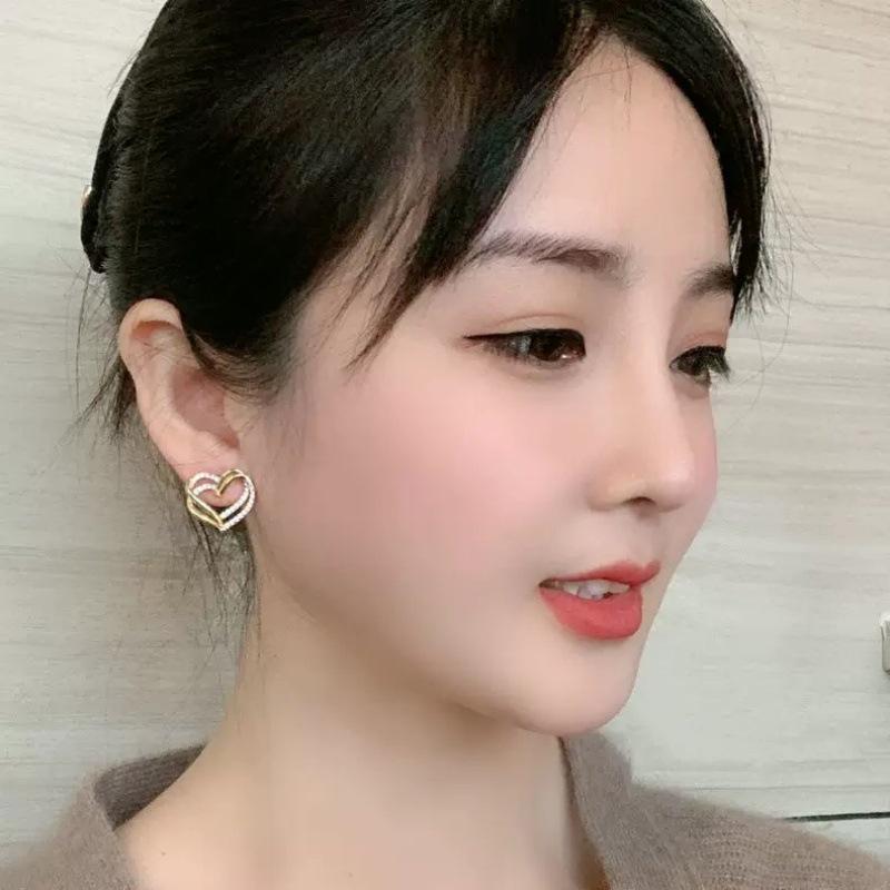 Beixi Double Layer Heart Earrings Set with Rhinestones - S999 Silver Needle, Creative Heart-Shaped Design.