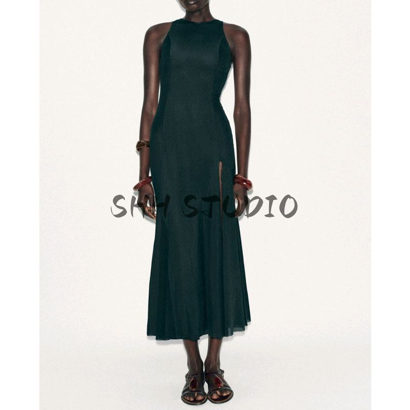 Autumn Women Clothes Round Neck Sleeveless Wave Wide Swing Silk Net Midi Dress 5039830 5039305