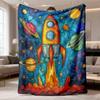 Bohemian Space Rocket & Planet Flannel Blanket - Soft Fuzzy 280GSM Suitable for All Seasons, Multicolor Galaxy Bedspread with Rocket & Planet Design F