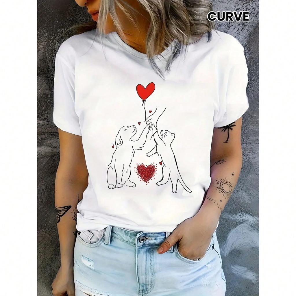 Hund & Katze Aufdruck T-Shirt Lässiges Rundhals Kurzarm Oberteil Für Frühling & Sommer Wounisex Kleidung Y2k Top