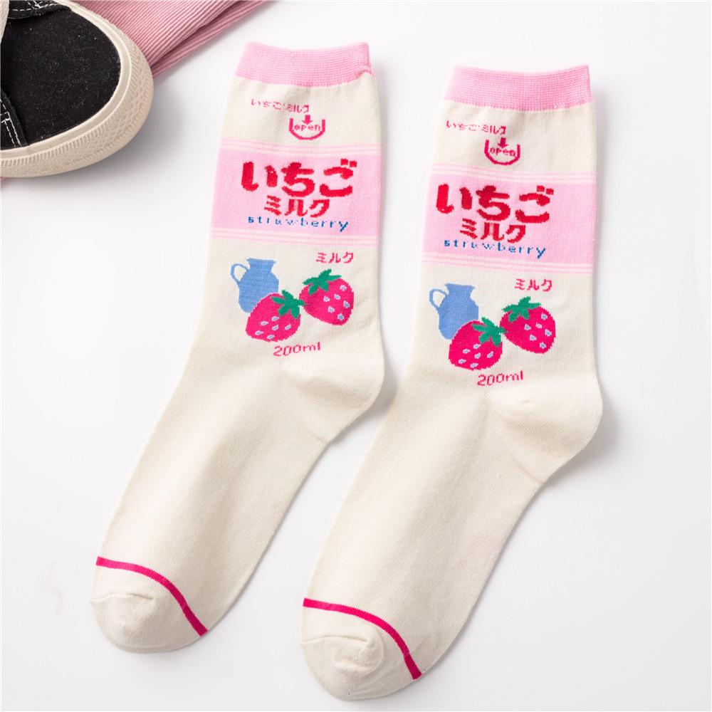 INS Girls' Japanese Cartoon Fruit Coffee Tomato Strawberry Milk Cold Beer Crew Harajuku Hipster Skateboard Mid Tube Socks
