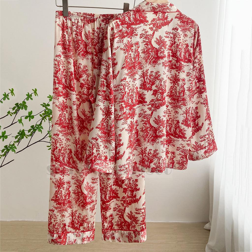 Fashion Print Flower 2PCS Pajamas Set Women Sleepwear Spring Summer Trouser Suits Lounge Wear Loose Satin Homewear Pijamas Suit