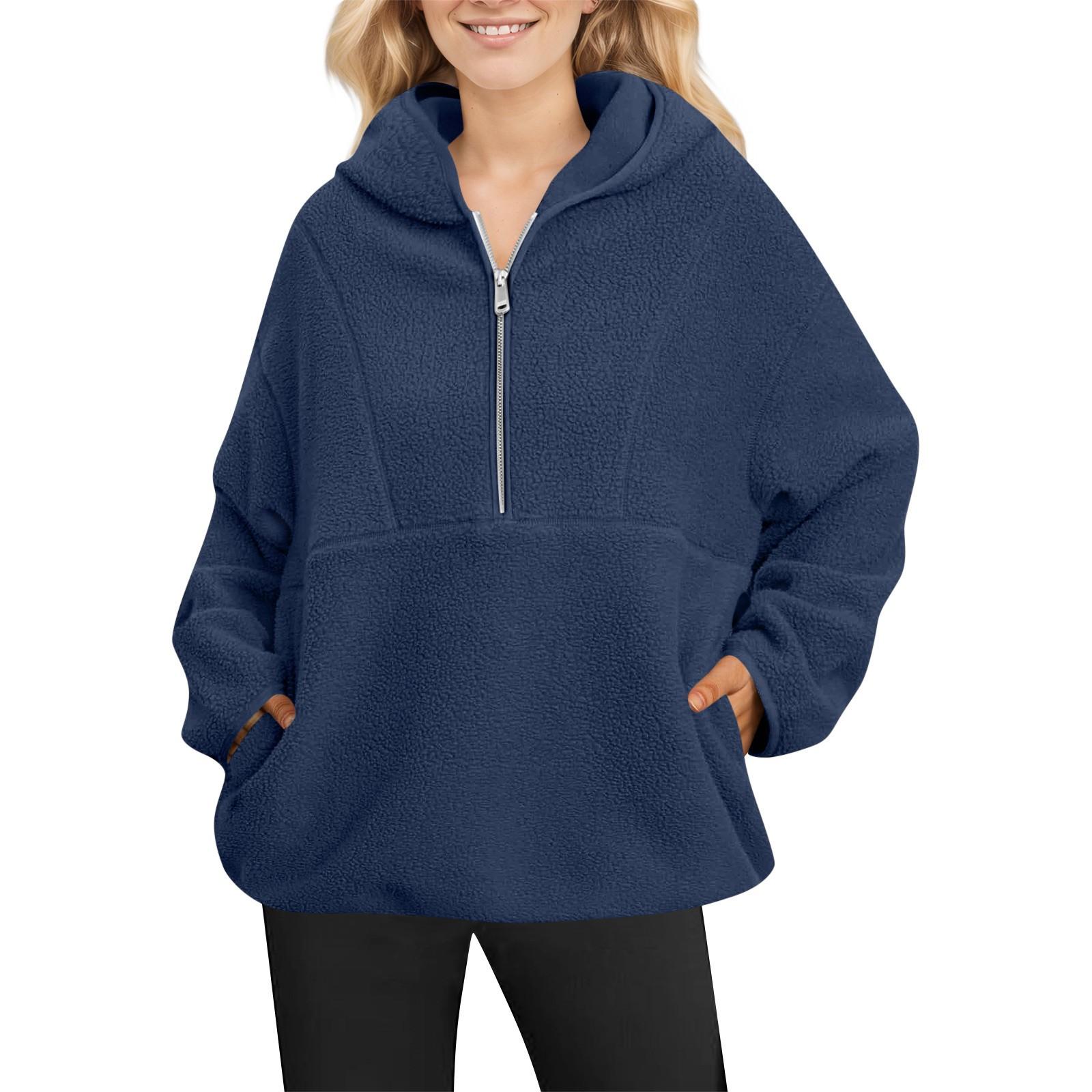 

Women s Fashionable Solid Color Long Sleeved Pocket Zipper Hooded Sweatshirt Pullover Sweatshirt Top XL тёмно-синий