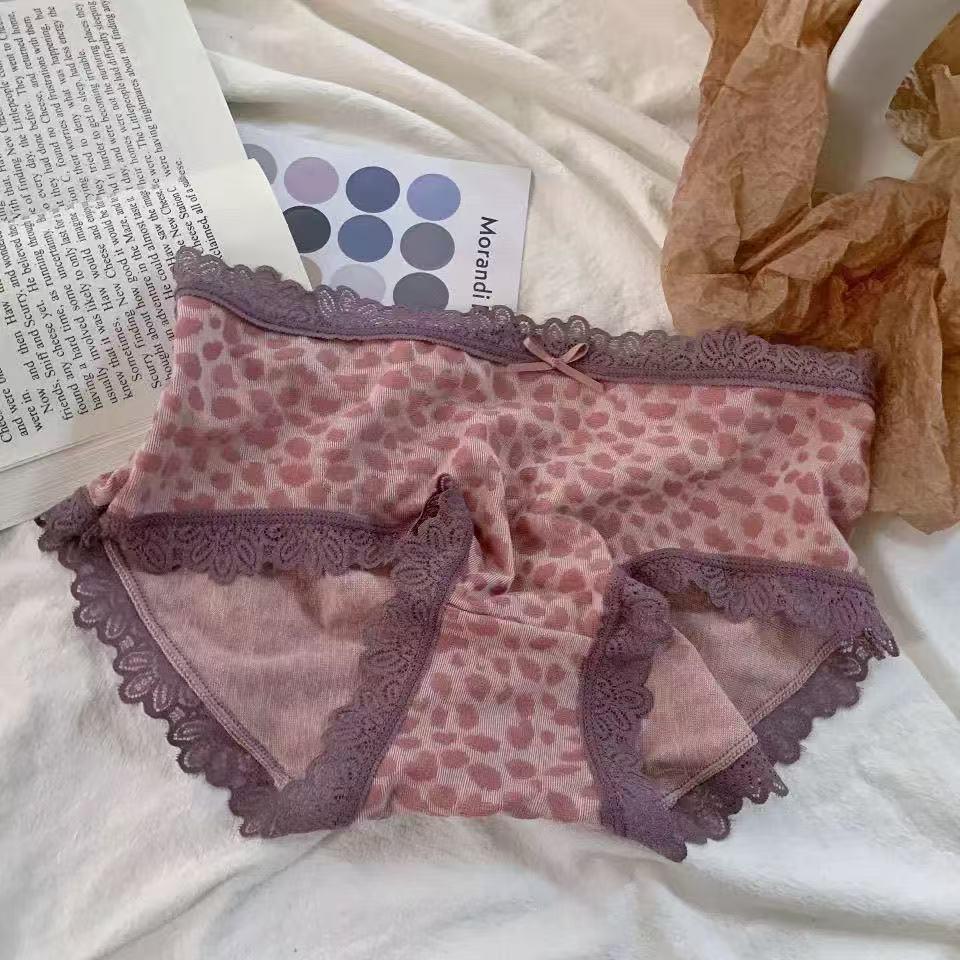 Pure Cotton Women's Leopard Print Lace Bow Mid-Waist Panties - Breathable Triangle Underwear 2025