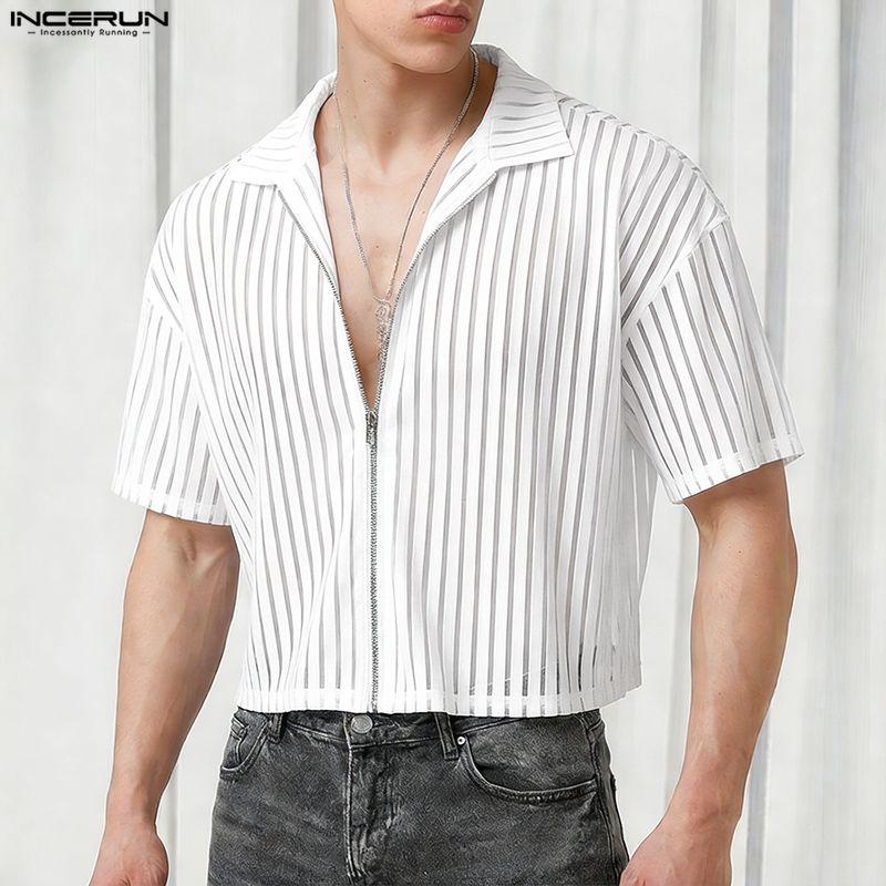INCERUN T-shirt Corte Estive da Uomo a Maniche Corte con Zip in Rete Trasparente Vuota da Spiaggia