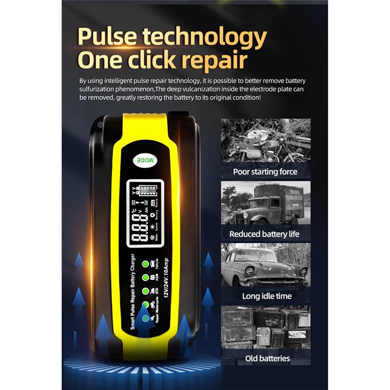N88R 12V/10A 24V/5A Car Battery Charger Automatic Smart Pulse Repair Battery Charger Maintainer For Car Motorcycle
