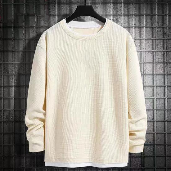 Men O-Neck Waffle Sweatshirt Fake Two-Piece Long Sleeve T-shirt Casual Loose Pullover for Spring Autumn Daily Wear Street