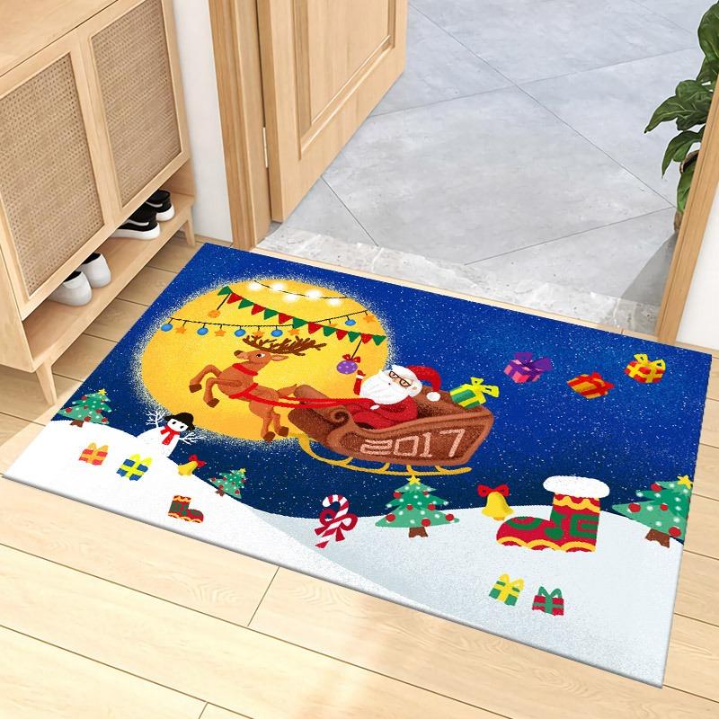 Christmas Santa Carpet Mat Rug Gift Bag Snowflake Home Decoration Festive Entryway Floor Mat with Merry Christmas Design