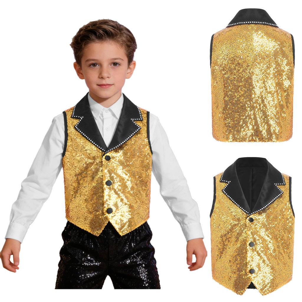 Boys Girls Sparkly Sequin Vest Contrast Lapel Collar Sleeveless Asymmetrical Waistcoat for Stage Performance Costume Tops