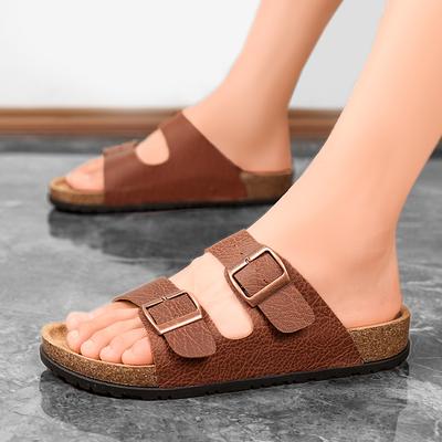 Mode Nouveaux Hommes PU Cuir Sandales à Enfiler Été Confortables Chaussures de Marche à Bout Ouvert Pantoufles de Bain pour Hommes Antidérapantes Plates d'Intérieur